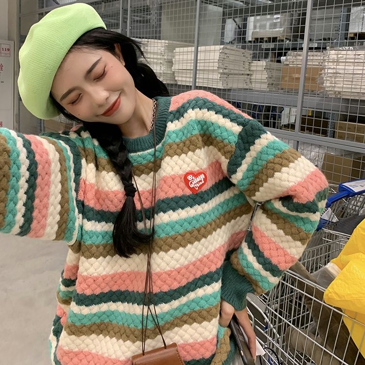 Áo sweater dệt kim chui đầu màu cầu vồng dễ phối đồ thời trang thu đông cho nữ
