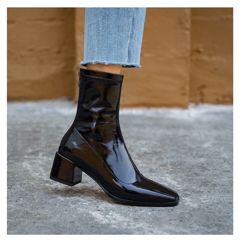 Giày boots cổ cao mũi vuông da bóng ôm chân kéo khóa sau vintage 5cm
