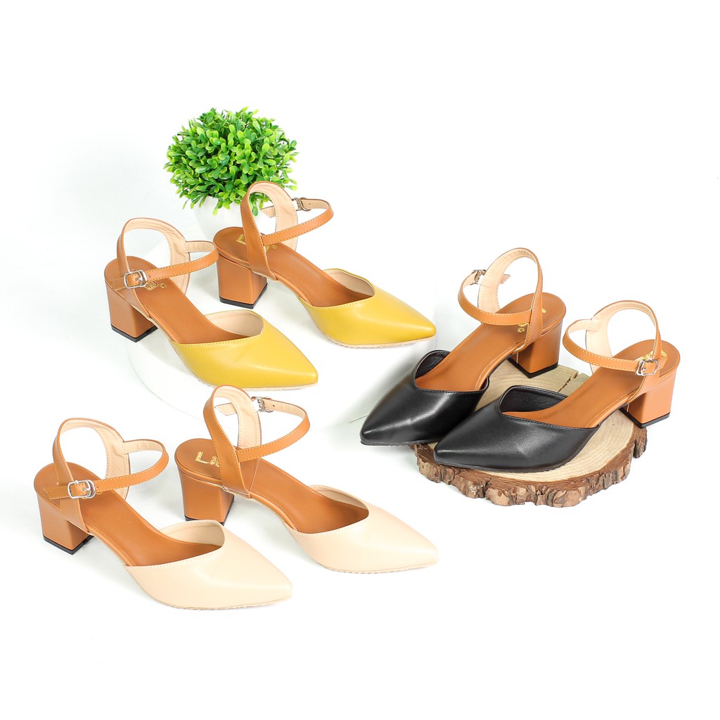 Giày Cao Gót 5cm Bít Mũi Phối Màu Quai Hậu S515