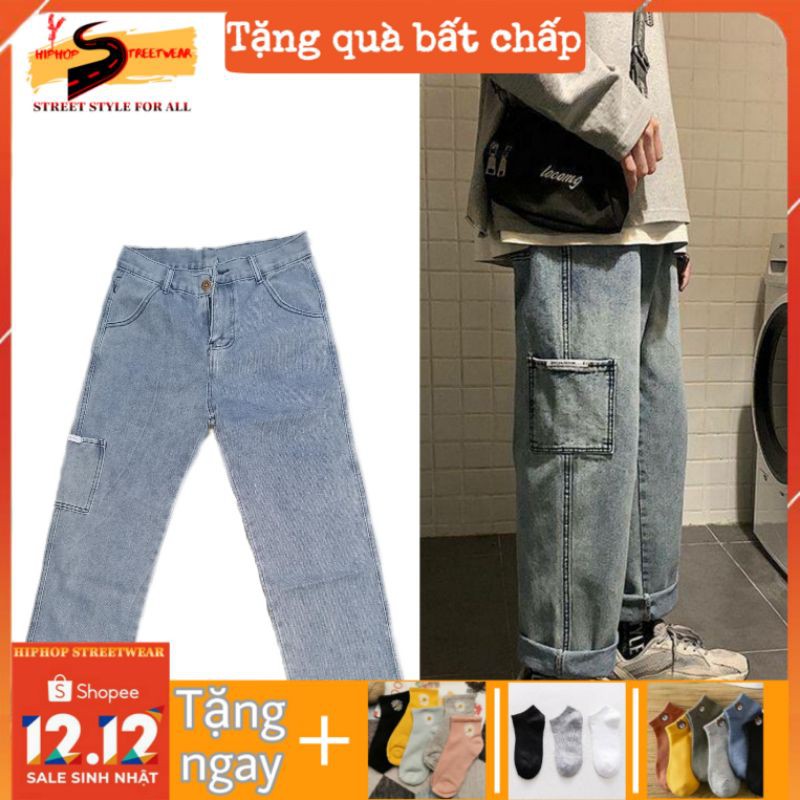 Quần Jean Ống Rộng Nam Nữ Phối Túi Phong Cách HIPHOP STREETWEAR|Quần Bò ống rộng vải mềm đẹp dễ phối đồ