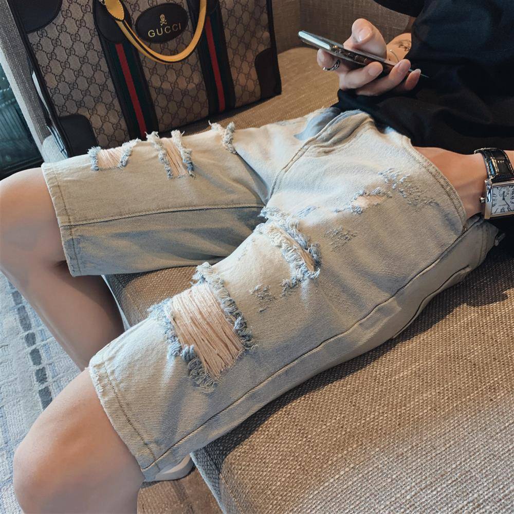 Quần Short Denim Ống Rộng Rách Gối Thời Trang Dành Cho Nam