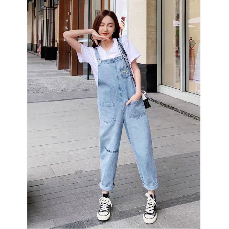 Yếm váy jeans PULI - Yếm bò thêu hoa yếm váy ulzzang hoa cúc cao cấp