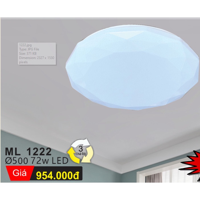 Đèn mâm ốp trần nổi phi 500mm, 3 chế độ sáng, LED 72W