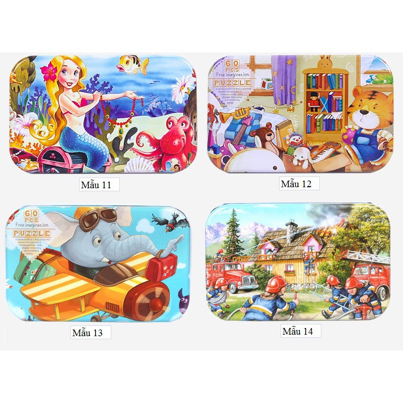 Bộ tranh ghép hình cho bé puzzle 60 mảnh gỗ hộp thiếc/ Đồ chơi xếp hình gỗ/ Xếp hình cho bé