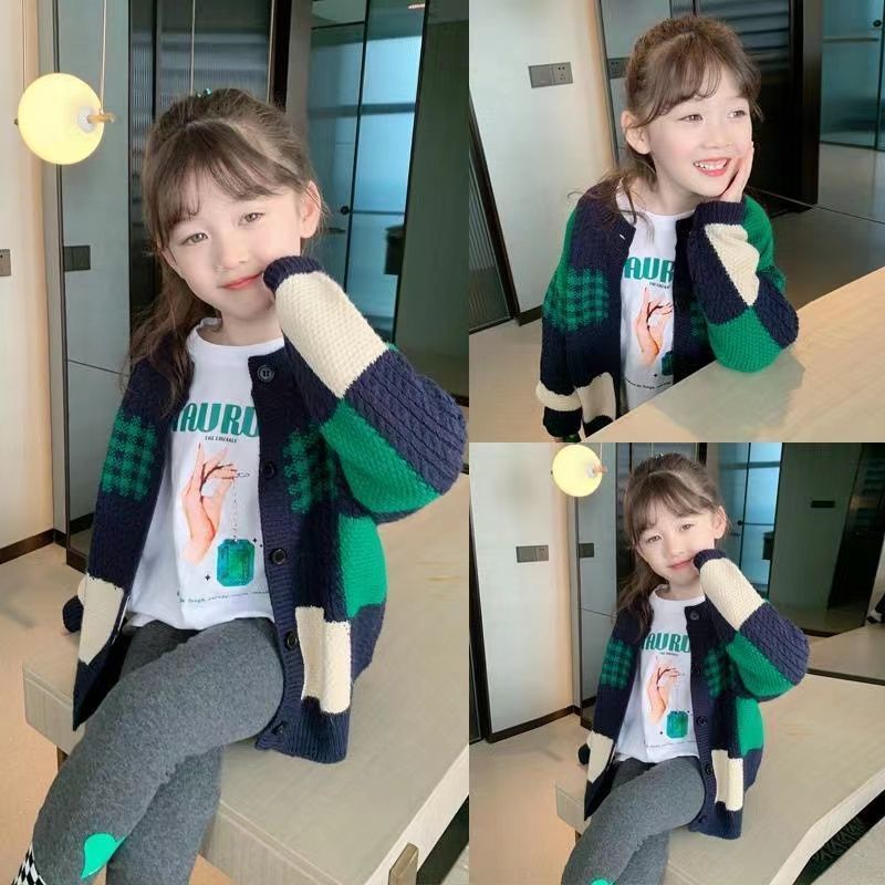 Áo Khoác Cardigan Dệt Kim Màu Sắc Tương Phản Phong Cách Phương Tây Thời Trang Thu Đông 2022 Cho Bé Gái