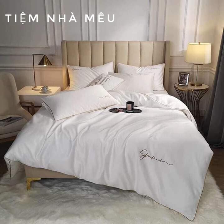 Set Chăn Ga Gối  4 Món Lụa Tencel Màu Trơn Chữ Sumoi  Mới 2021 Cập Bến (Nhiều Màu - Vol3)