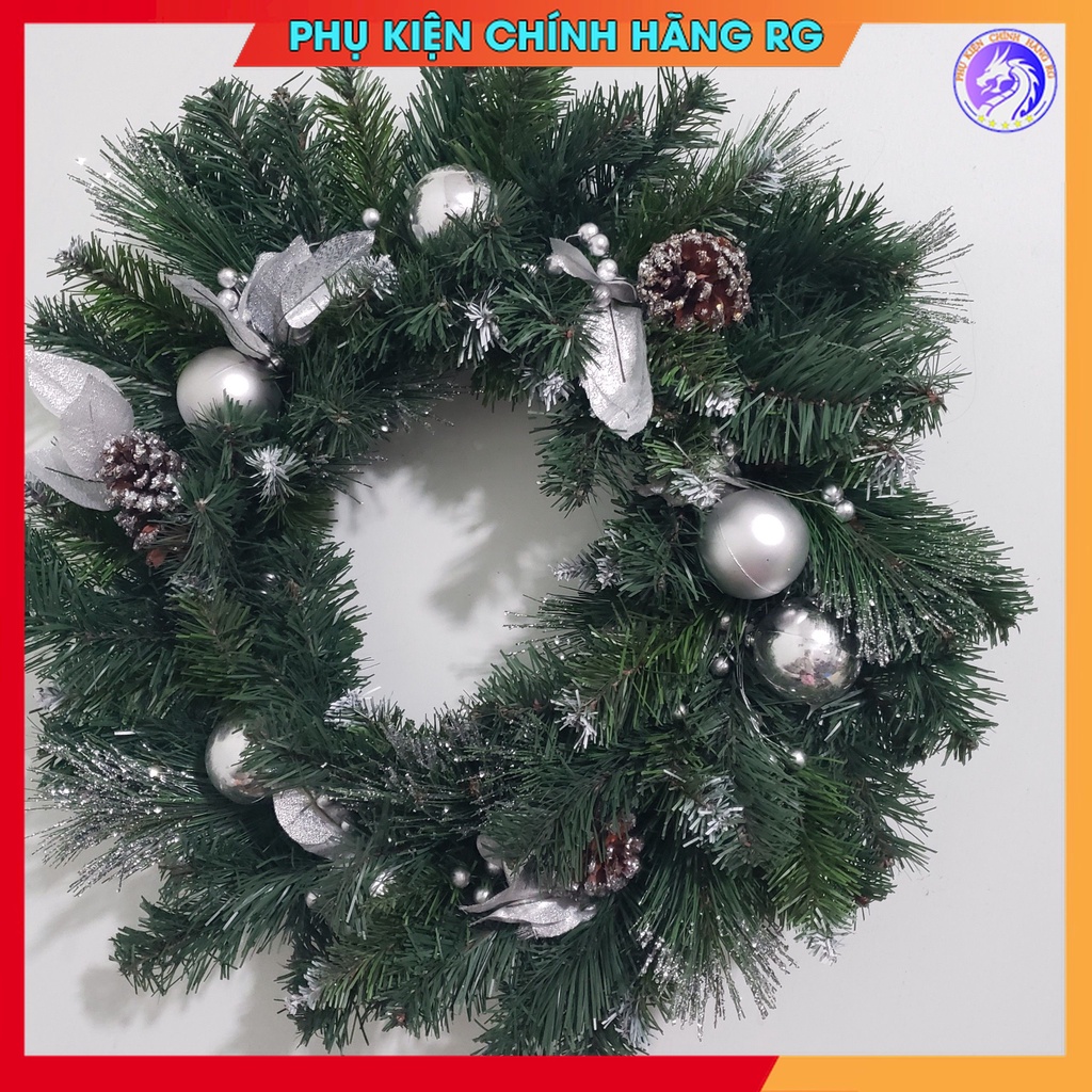 Vòng treo cửa giáng sinh vòng nguyệt quế trang trí noel giá rẻ đẹp lung linh màu xanh bạc