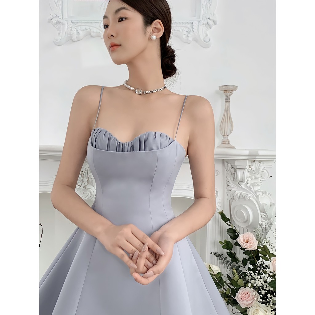 MOLLYNISTA - Đầm Lita xám 2 dây dáng A nhún ngực | BigBuy360 - bigbuy360.vn