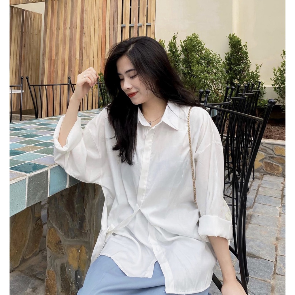 Áo sơ mi Hàn Quốc, Áo sơ mi trơn dáng rộng thắt nơ bên nhiều màu Ulzzang - Ảnh thật