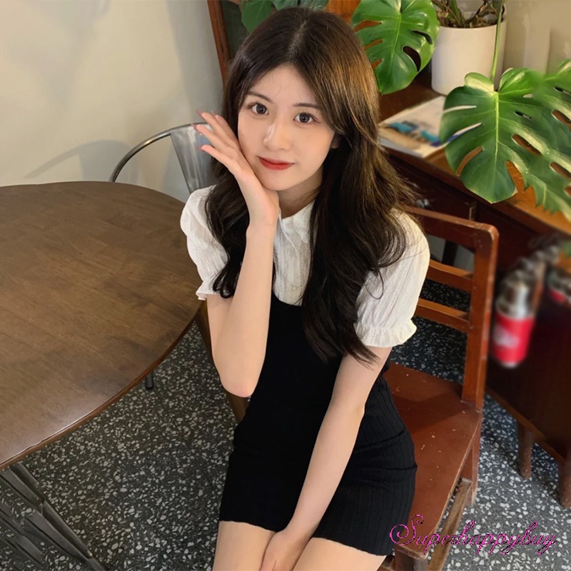 Đầm Ngắn Giả Hai Lớp Cổ Búp Bê Phối Ren Ôm Dáng Cho Nữ