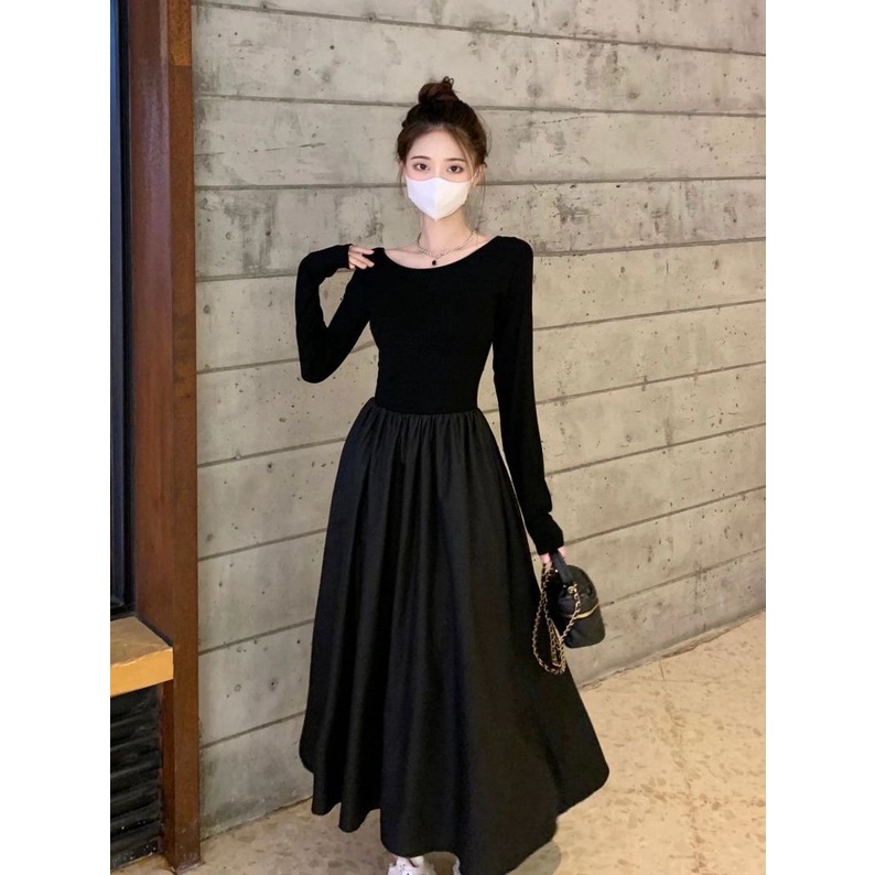 Đầm Đen Dài Tay Cổ Chữ U Thời Trang Mùa Thu Cho Nữ
