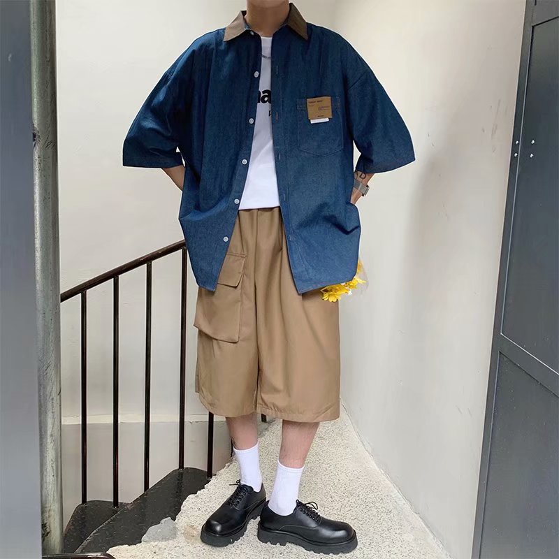 Áo sơ mi Denim tay ngắn dáng rộng phong cách Vintage thời trang cho nam | BigBuy360 - bigbuy360.vn