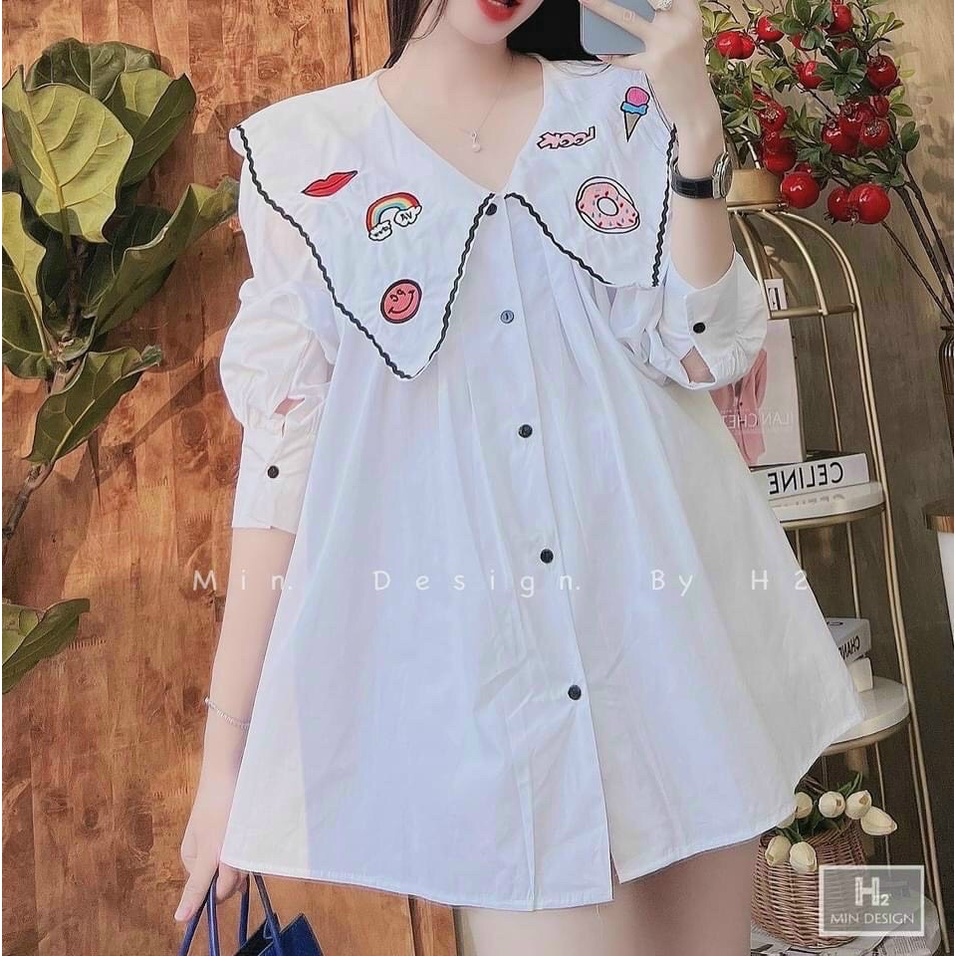 SẴN Áo sơmi cổ nhọn viền sticker siêu dễ thương form bầu bí bon chen được