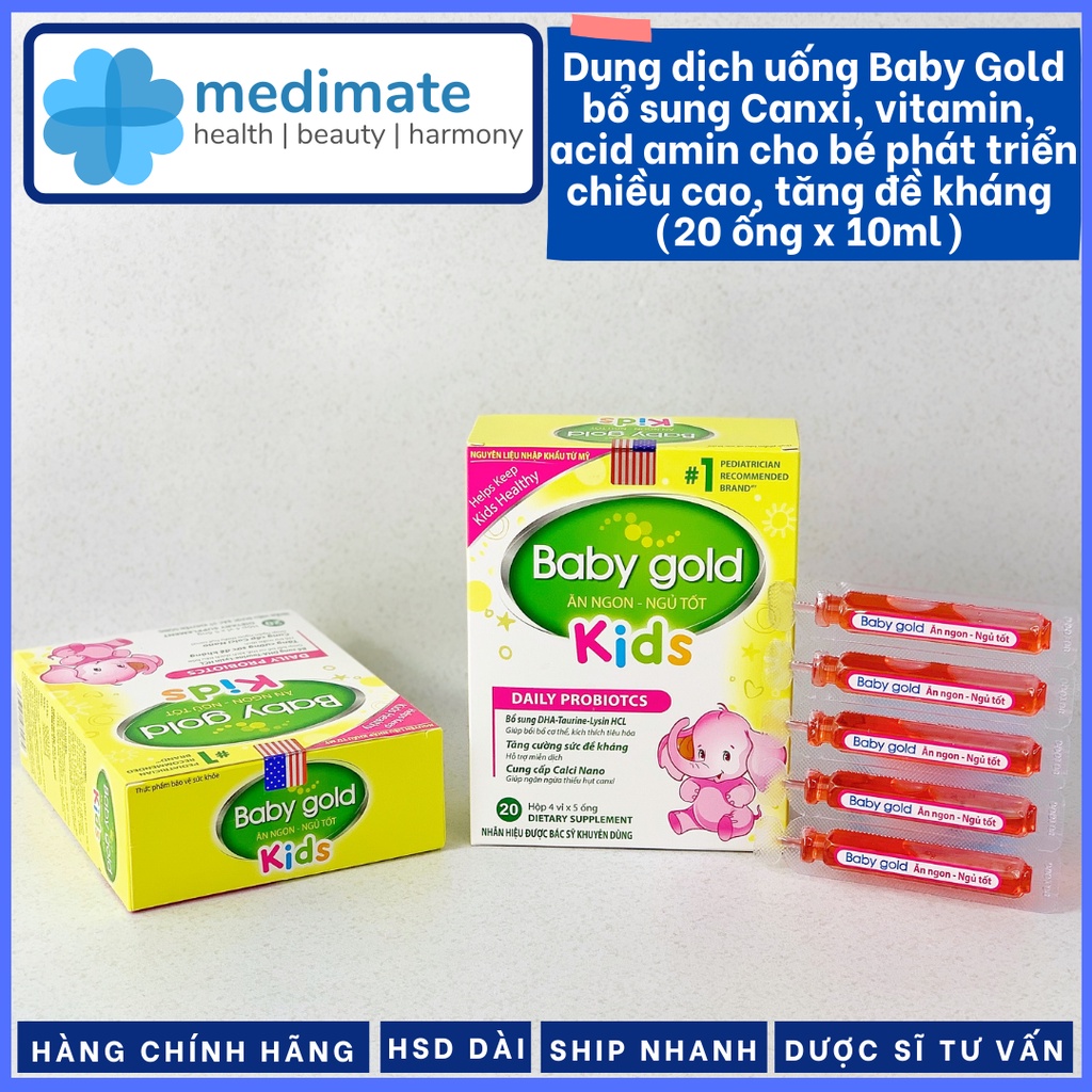 Dung dịch uống Baby Gold Ăn Ngon Ngủ Tốt bổ sung Canxi, Vitamin cho bé phát triển chiều cao, tăng sức đề kháng (20 ống)