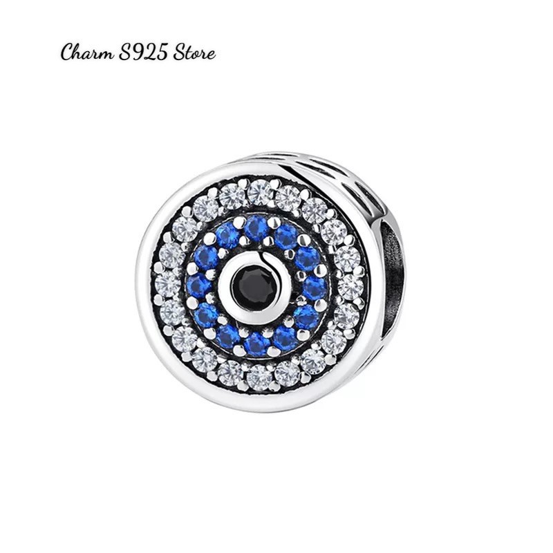 charm pan đính đá tròn xanh trắng bạc s925 cao cấp