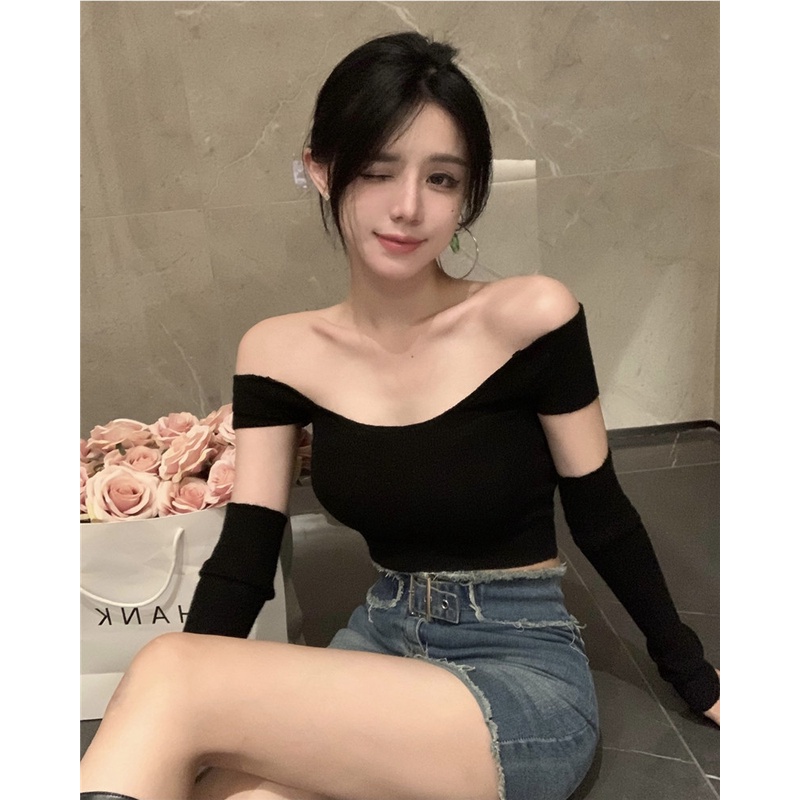 QADCOL  Áo Len Trễ Vai Ngắn Tay Thời Trang Quyến Rũ Dành Cho Nữ