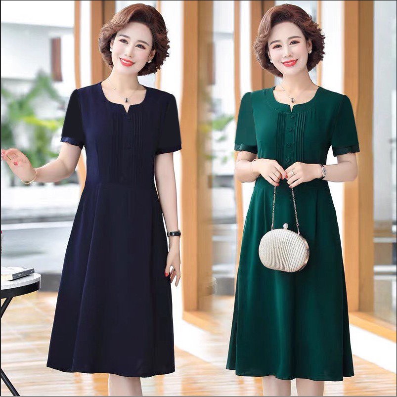 Váy đầm dự tiệc trung niên sang trọng  ,kiểu tay ngắn dài qua gối chất voan lụa cao cấp ,hàng chính hãng Thiên Tú Store