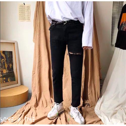 [Tiền Nào Của Đấy]Quần Jean Nam Rách Một Bên Đùi Màu Đen Dáng Skinny Vải Co Giãn Không Phai Màu Phong Cách Hàn Quốc-J03