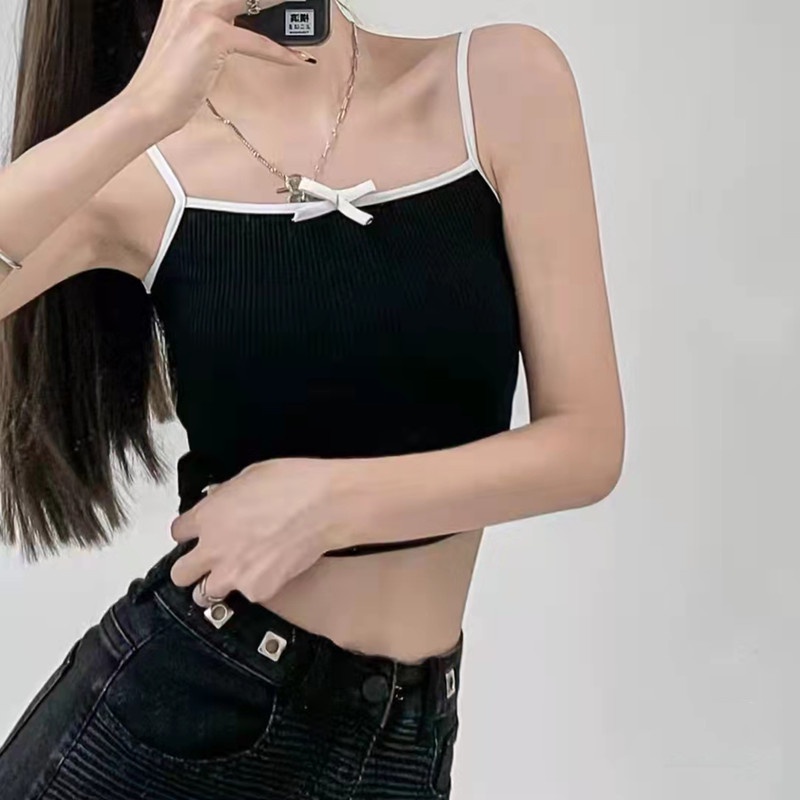 SUXI Áo Croptop Dệt Kim Dáng Ôm Đính Nơ Đơn Giản Thời Trang Mùa Hè Cho Nữ