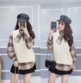 Set áo kẻ cổ nơ + áo gile len
