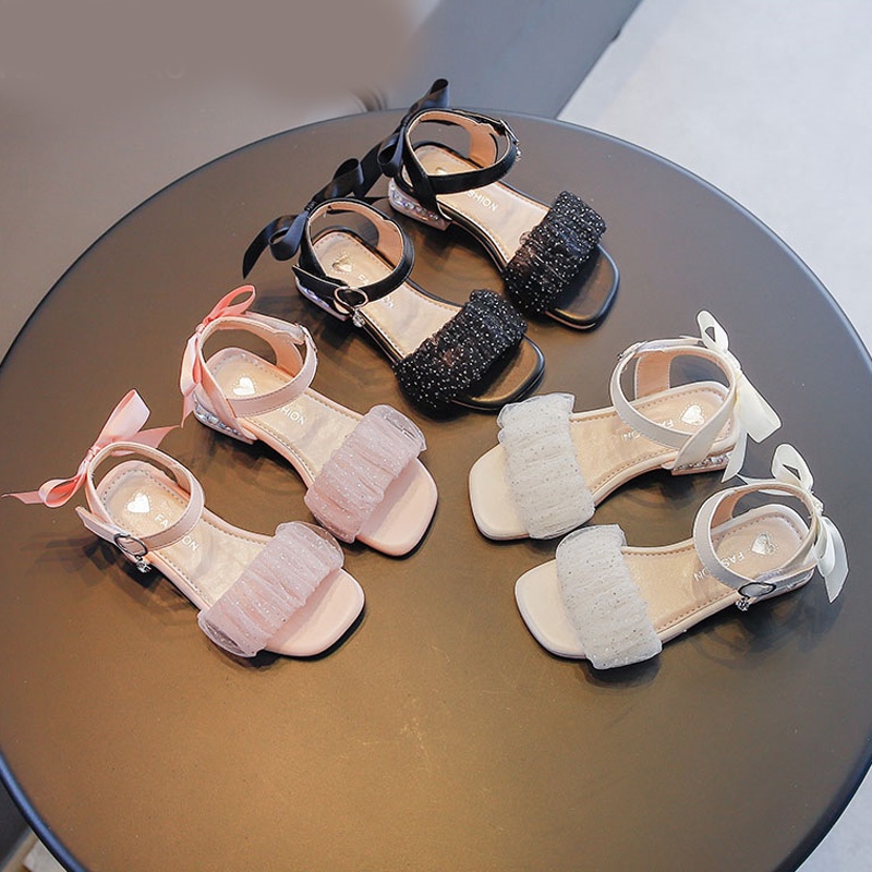 Giày Sandal Công Chúa Hở Ngón Chống Trượt Quai Lưới Đính Nơ Kiểu Mùa Hè Mới Cho Bé Gái 16-22cm 3-12 Tuổi