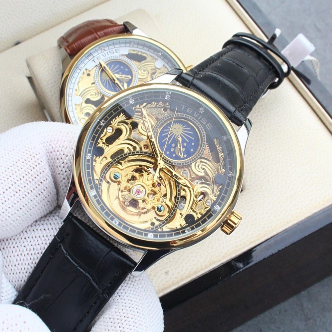 Đồng hồ cơ nam dây da cao cấp Tevise T820A-1 full box, mặt kính sapphire chống xước, chống nước, bảo hành 03 năm