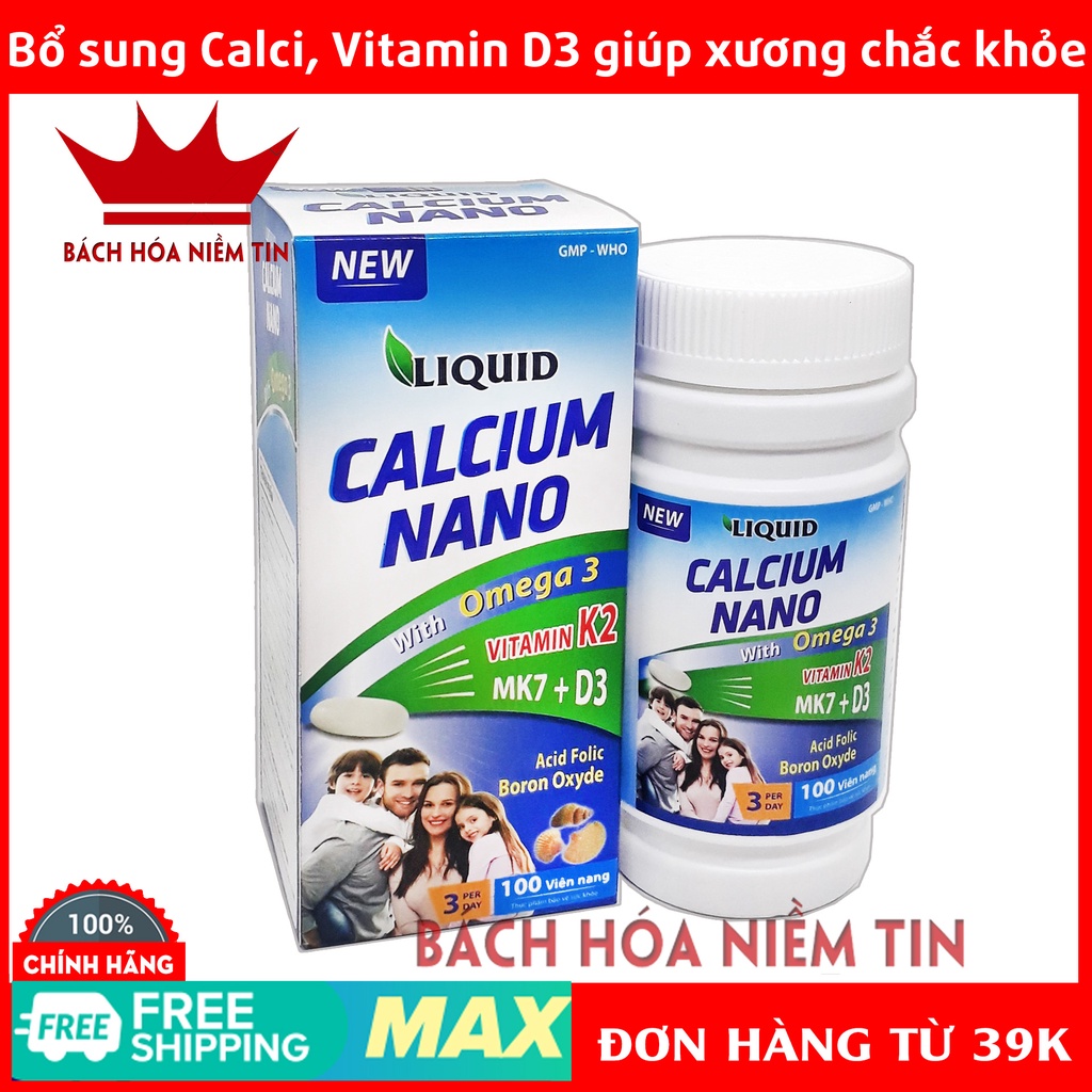 Viên uống canxi từ tảo biển Liquid Calcium Nano -bổ sung canxi từ tảo biển, vitamin D3, K2 cho bà bầu, trẻ em - Hộp 100V