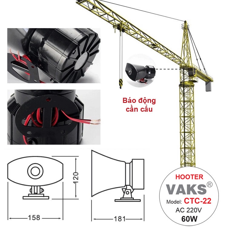 Còi tháp canh, cần trục, cần cẩu, còi tàu, còi xe, hú báo động lớn, CTC-22, 220V AC