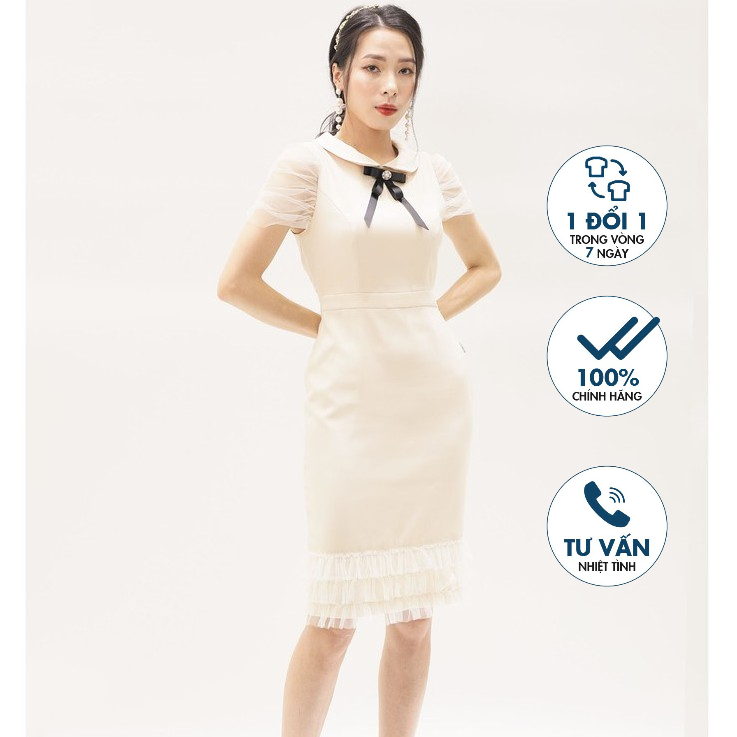 Đầm ôm cổ sen, tay và gấu phối voan, nơ cài Emspo DS3994