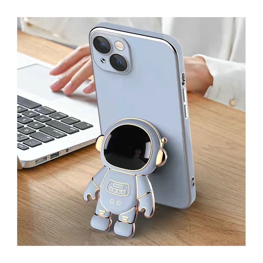Xiaomi Mi 12 11 Lite POCO M4 M3 Pro 5G Redmi 9 8 Note 9T 10 7 High Quality Fine Hole Multicolor Plating Cartoon Space Astronaut Stand Soft Thin Phone Case MMT 07