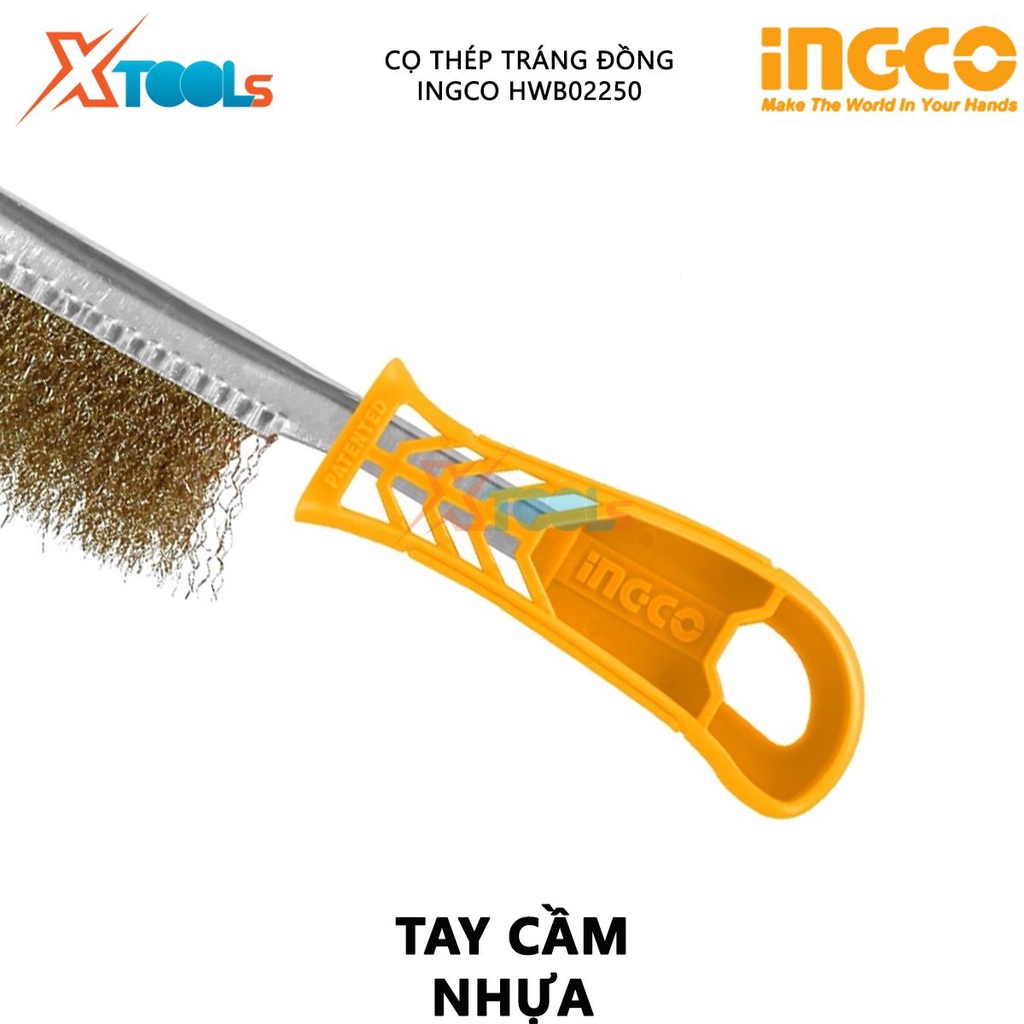 Cọ thép tráng đồng INGCO HWB02250 | Cọ vệ sinh rỉ sắt Chiều dài 250mm- 60/T Tay cầm nhựa Tráng đồng cọ rửa các bụi bặm,