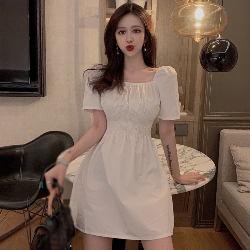 Đầm ôm dáng tay ngắn ống phồng cổ vuông màu trơn thời trang Hàn Quốc ngọt ngào cho nữ