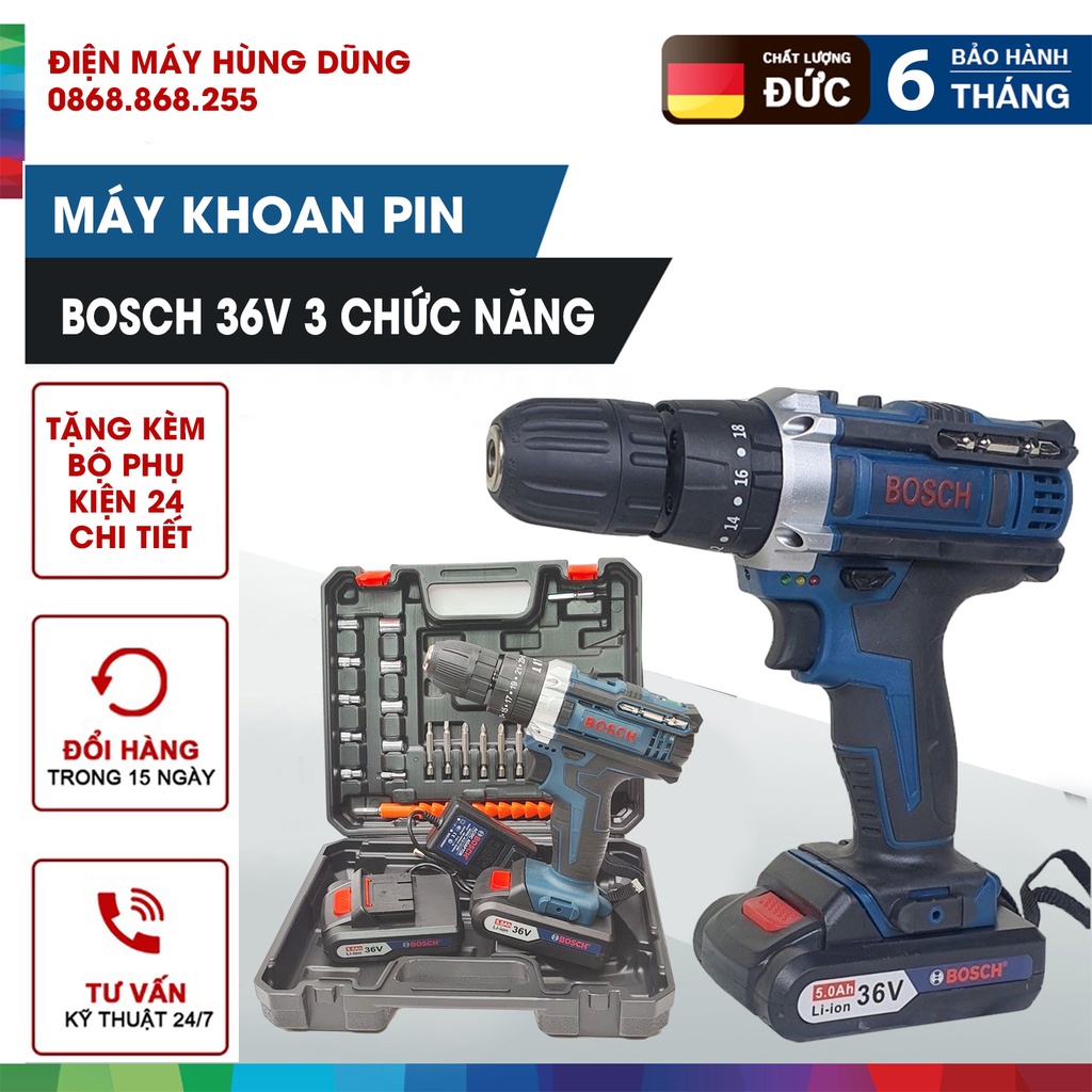 Máy khoan pin, máy bắn vít 36V Bos 3 chức năng, Tặng kèm phụ kiện 24 chi tiết