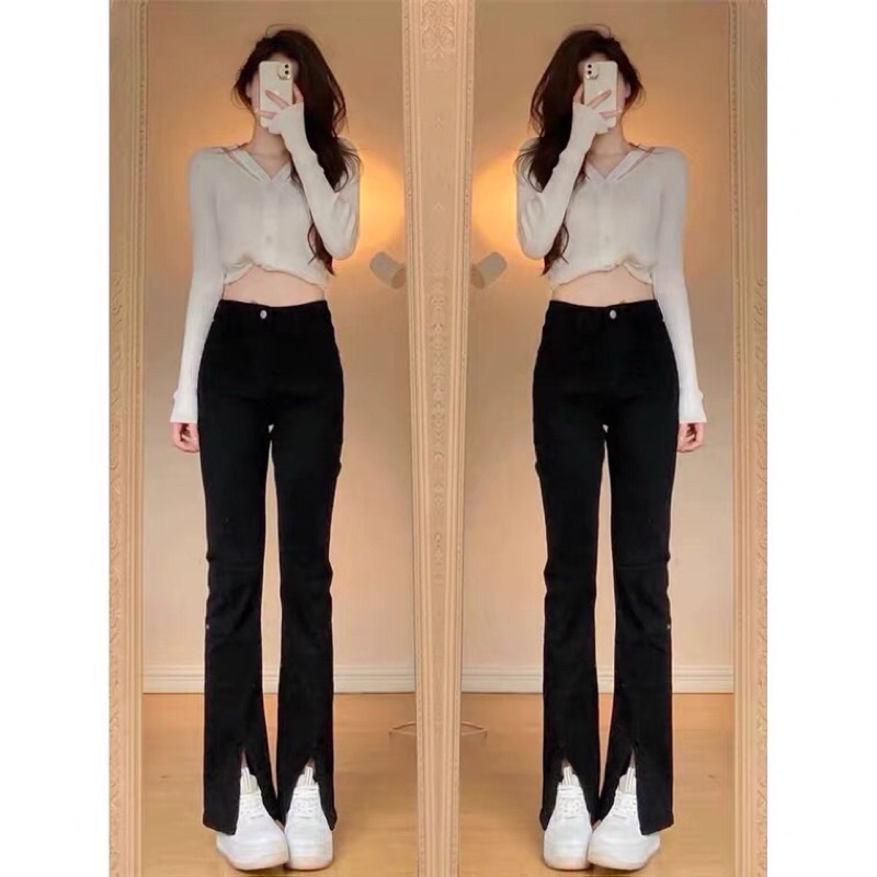 Quần bò jeans nữ ống loe rộng xuông đứng, jeans cạp cao xẻ gấu co dãn | BigBuy360 - bigbuy360.vn