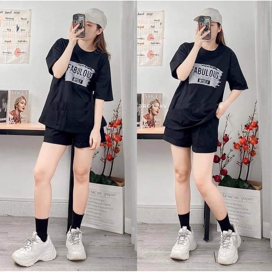 Set thun tay lỡ fabu nữ 🎁 Nana's House - FREESHIP 🎁 Bộ áo phông cộc tay oversize kèm quần đùi suông HOT