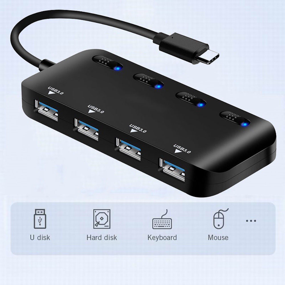 AUGUSTINA 4 Port Splitter USB 3.0 Computer Accessories USB Hubs External Distributor LED Light MultiPort Computer Peripherals Type C with Switch Hub Adapter/Multicolor