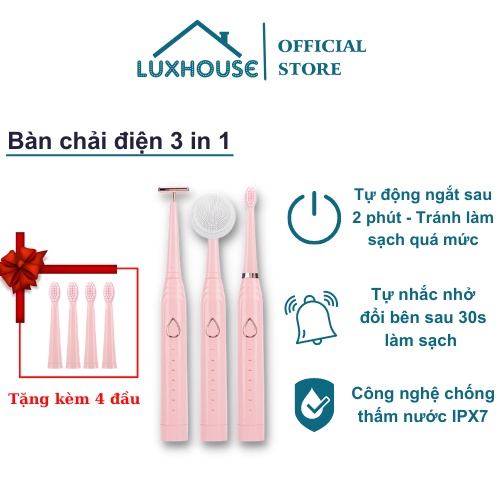 Bàn chải đánh răng điện 3 trong 1 Electric Toothbrush tặng kèm 4 đầu thay thế làm sạch trắng sâu với công nghệ sóng âm.