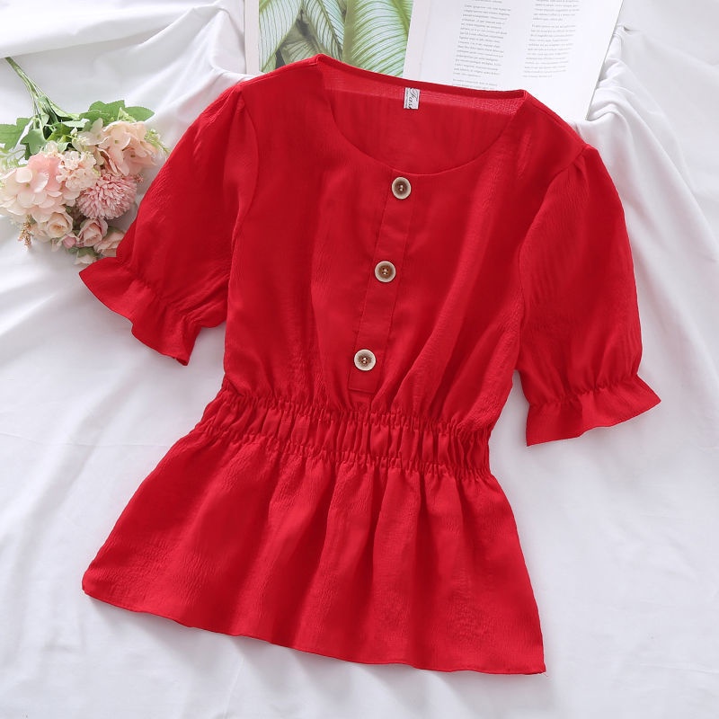 Áo Sơ Mi Trơn Ngắn Tay 162548 Áo Sơ Mi Mỏng Thắt Eo Thiết Kế Gấp Được Dễ Phối Đồ
