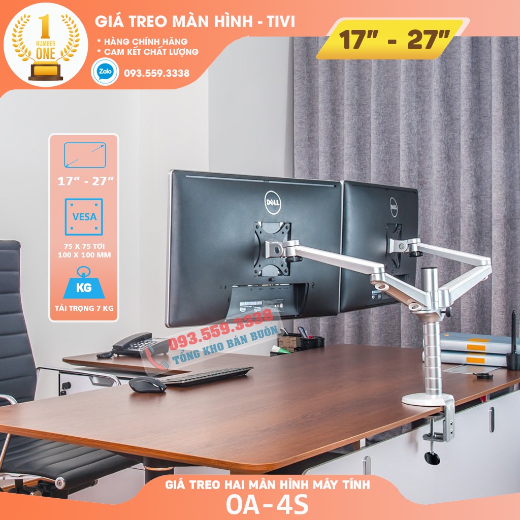 Giá Treo Hai Màn Hình Gắn Bàn 17 - 27 Inch - Hợp Kim Nhôm Cao Cấp - Tay Treo Đỡ 2 Màn Hình Model OA - 4S