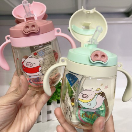 Bình uống nước có van chống sặc cho bé mang đi học hình chú heo đáng yêu dung tích 300ml