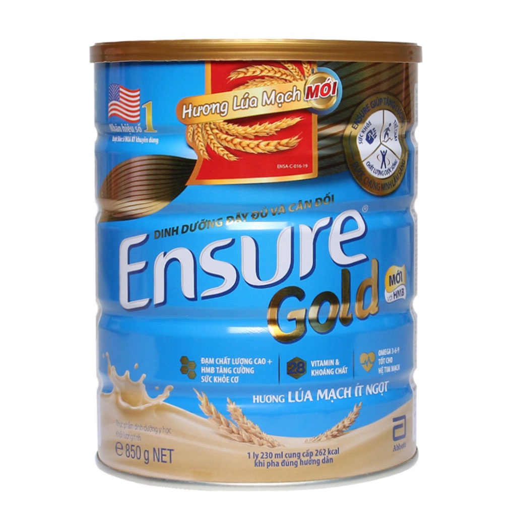 Sữa bột abbott Ensure gold HMB hương vani ít đường, lúa mạch, cà phê, hạnh nhân hộp 850g