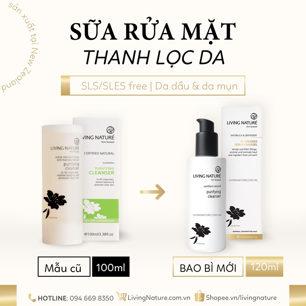 [Official Store] Sữa rửa mặt thanh lọc, ngừa mụn Living Nature Purifying Cleanser 120ml