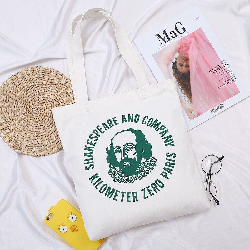 Túi Tote Vải Canvas In Họa Tiết Màu Trắng Đen Phối Khóa Kéo Đơn Giản Phong Cách Hàn Quốc