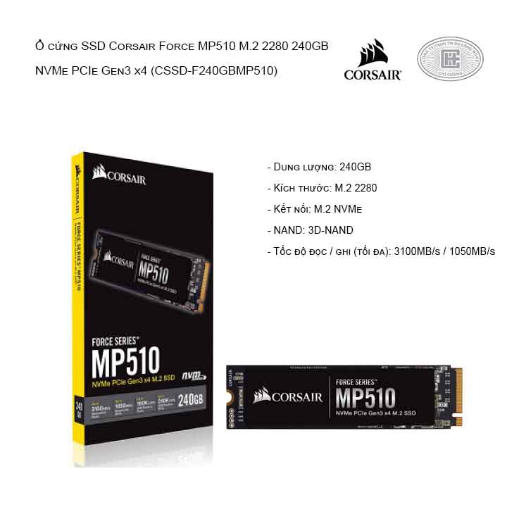 Ổ cứng SSD Corsair Force MP510 240GB M.2 2280 PCIe NVMe Gen 3x4 (Đọc 3100MB/s - Ghi 1050MB/s) NEW