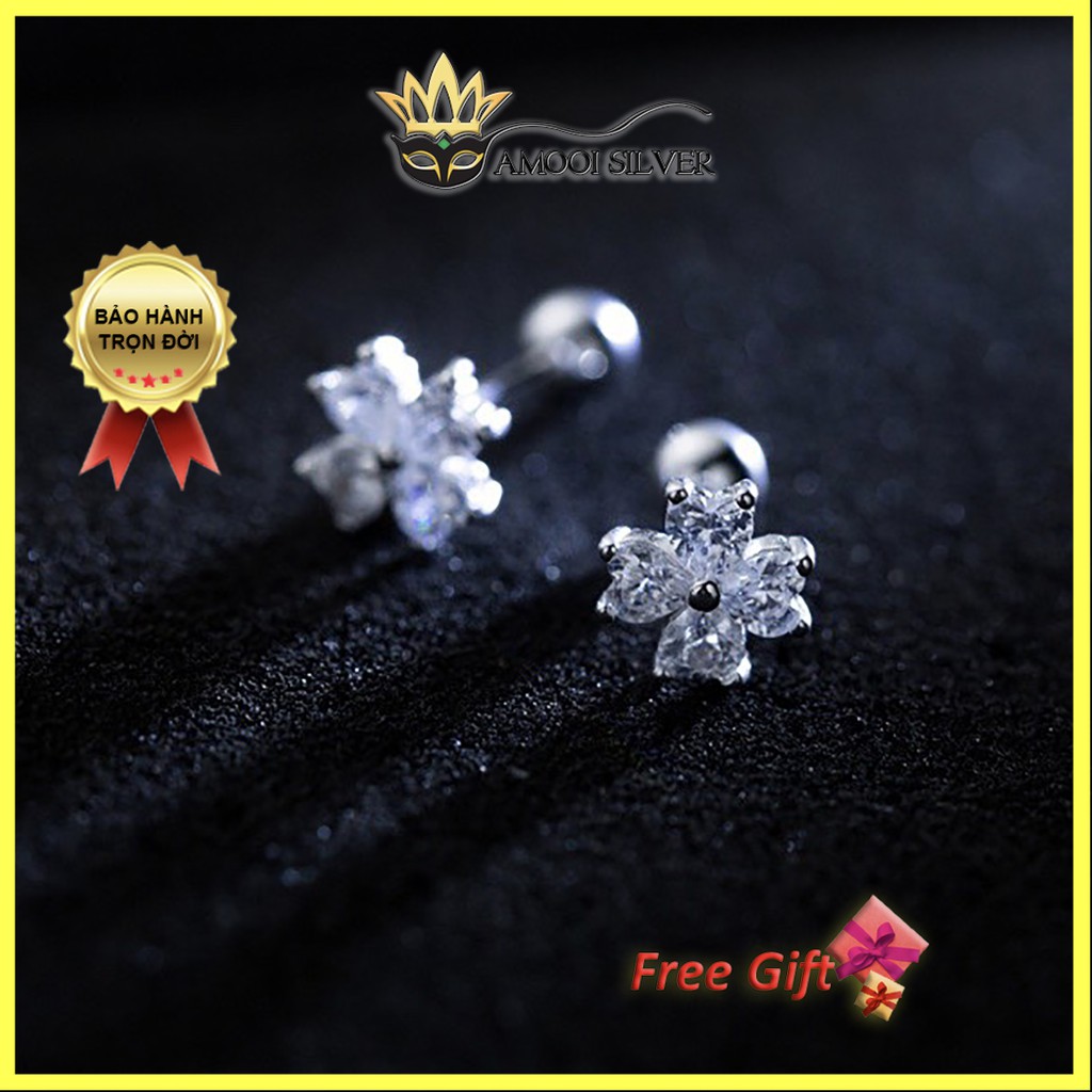 Bông tai bạc S925 cỏ 4 lá trái tim chui vặn - Amooi Silver AB121