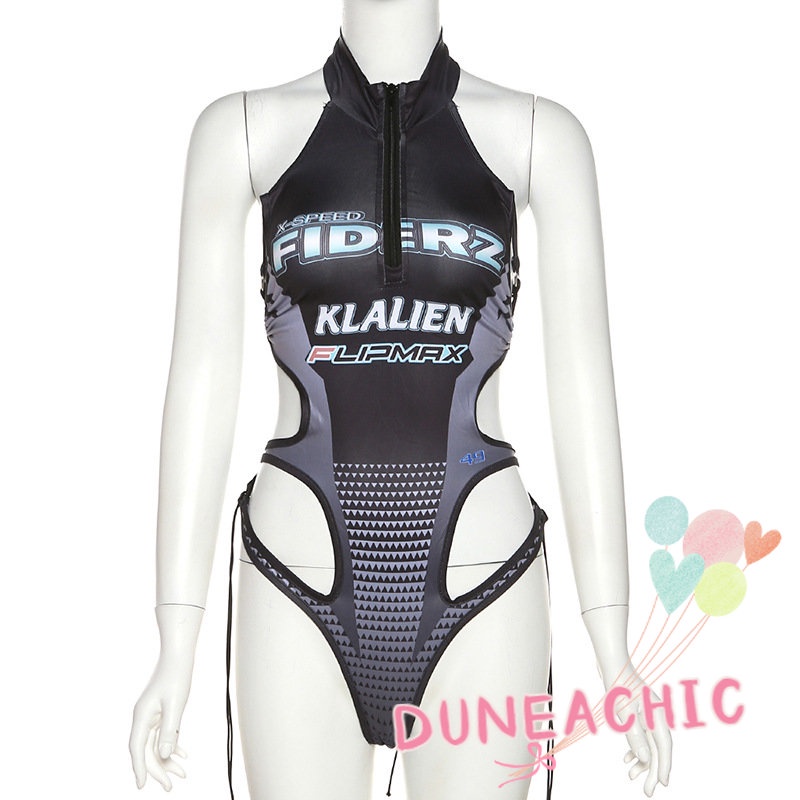 DUNEA Áo liền quần sát nách hoạ tiết in thiết kế hở lưng quyến rũ hợp thời trang