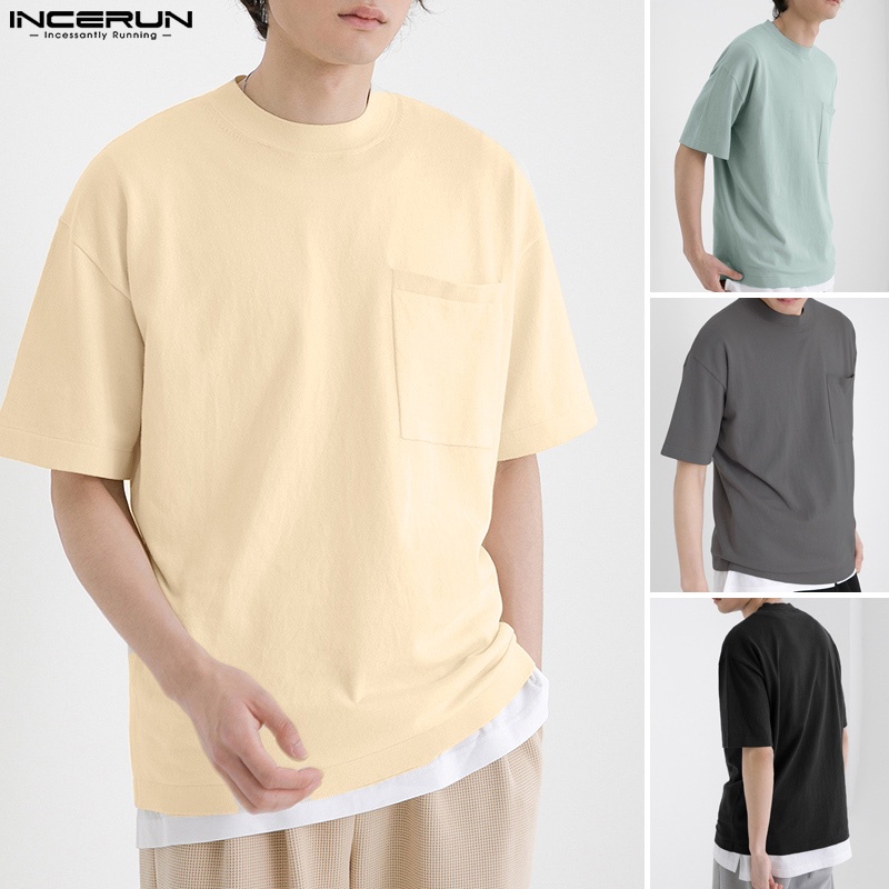 INCERUN Áo Thun Nam Ngắn Tay Cổ Tròn Màu Sắc Đơn Giản Size S-5XL