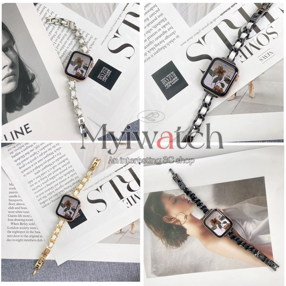 Dây Đeo Bằng Da Phối Kim Loại Thời Trang Cho Đồng Hồ Thông Minh iwatch serise 7 6 5 4 SE 3 2 1 41mm 45mm 38mm 40mm 42mm 44mm