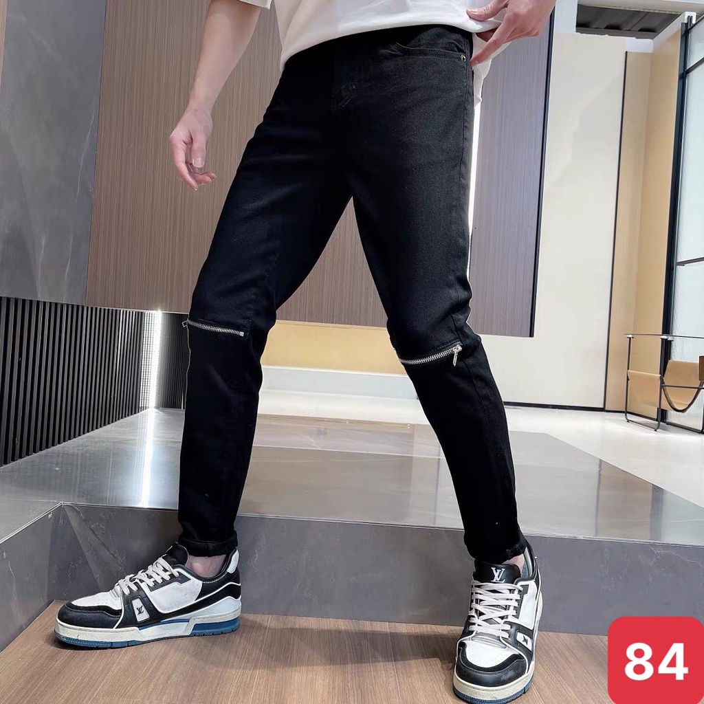 Quần jean nam rách gối kéo khóa màu đen trơn chất jeans bò cao cấp co dãn 4 chiều rin form dáng skinny ADO Q105