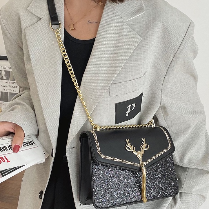 Giỏ , Túi Xách Nữ Da Phủ Kim Tuyến Hình Hươu , Đeo chéo , Đeo Vai , Thời Trang công sở , Hàn Quốc , cao cấp